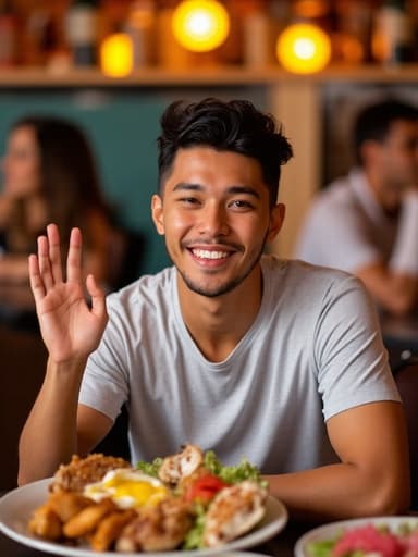20대 초반의 라틴계 남성이 캐주얼한 티셔츠와 운동용 반바지를 입고, 즐거운 표정을 지으며 음식을 먹기 위해 손을 들어 올리는 모습이 담긴 반신 촬영입니다. 아늑한 분위기의 식당 배경과 다양한 음식들이 함께 있어 따뜻하고 초대하는 느낌을 줍니다.
