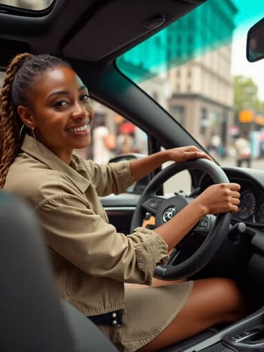 자연스러운 외모를 가진 30대 초반의 아프리카계 여성의 반신 사진으로, 캐주얼한 드레스와 경량 자켓을 입고 기쁘게 핸들을 양손으로 잡고 운전하는 모습이며, 배경에는 사람들과 차량으로 가득한 활기찬 도시 거리가 펼쳐져 있습니다.