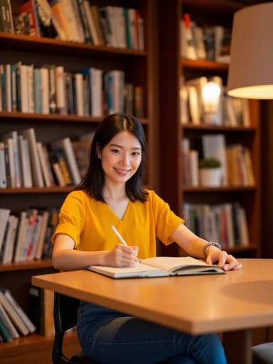 아늑한 스터디룸에서 화사한 블라우스와 청바지를 입고 책을 읽거나 필기를 하며 활기찬 표정을 짓고 있는 30대 초반의 동양인 여성의 반신 사진. 배경은 책장과 밝은 조명으로 가득 차 있어 아늑한 분위기를 연출합니다.