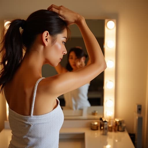 30대 후반의 동양인 여성이 편안한 홈웨어를 입고 화장대 앞의 잘 비춰지는 거울 앞에서 스트레칭하는 모습의 반신 사진. 실망한 표정을 지으며, 주변의 아늑하고 친근한 분위기를 강조합니다.