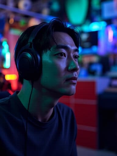 편안한 운동복을 입은 40대 초반 아시아계 남성이 슬픈 표정을 지으며 눈물을 흘리며 헤드폰을 착용하고 음악을 들으며 약간 앞으로 몸을 기울인 모습이 다양한 게임 장비가 배치된 게임방 안에서 촬영된 반신 샷입니다.