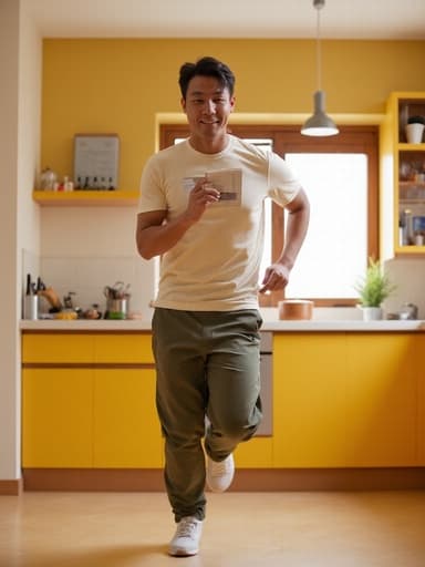 자연스러운 외모를 가진 30대 중반의 한국인 남성이 편안한 운동복과 운동화를 착용하고, 밝고 아늑한 주방에서 조리대 위에 놓인 요리 도구들을 배경으로 즐겁게 책을 들고 달리는 모습입니다. 그의 활기찬 표정은 활동적인 라이프스타일을 잘 보여줍니다.