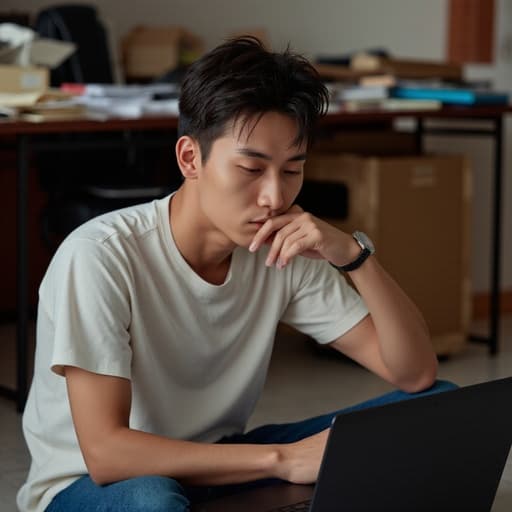 30대 초반 자연스러운 외모의 아시아계 남성이 어지러운 집 안의 사무실 바닥에 앉아 있는 반신 사진입니다. 그는 편안한 티셔츠와 청바지를 입고 있으며, 미소가 없는 진지한 표정에서 스트레스를 받은 기색이 보입니다. 그의 손은 턱에 괴고 노트북을 깊은 생각에 잠긴 듯 바라보고 있습니다. 배경에는 어지럽혀진 서류들이 놓인 책상이 있어 혼란스러운 작업 환경을 강조하고 있습니다. 이 이미지는 재택 근무의 고충과 집중의 순간을 자연스럽고 공감할 수 있는 방식으로 담아내고 있습니다.