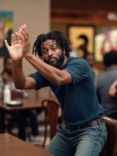 40대 초반의 자연스러운 외모의 흑인 남성의 반신 사진. 그는 캐주얼한 셔츠와 청바지, 운동화를 착용하고 있으며 불안한 표정을 지으며 약간 앞으로 기울어져 운동하는 자세를 취하고 있습니다. 배경은 테이블과 다른 손님들이 있는 분주한 레스토랑 환경으로, 역동적인 분위기를 더하고 있습니다.