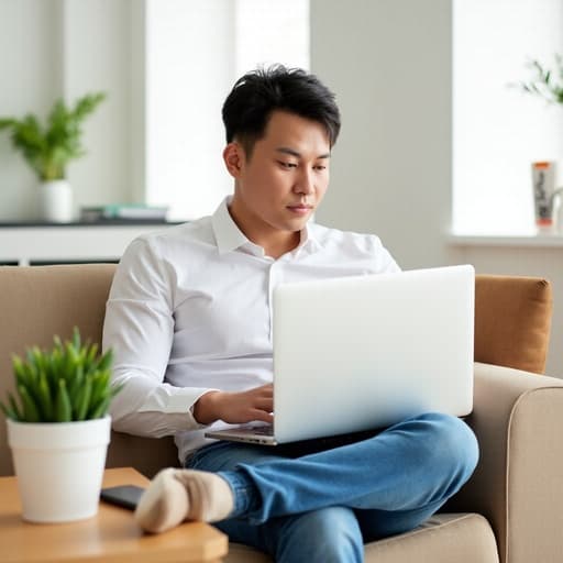 20대 중반의 동양인 남성이 반신 샷으로 촬영되었습니다. 그는 깔끔한 화이트 셔츠와 캐주얼한 청바지를 착용하고 있으며, 노트북 앞에서 비디오 통화에 집중하고 있습니다. 그의 집중한 표정과 세련된 모습은 현대적인 라이프스타일을 반영하며, 밝고 깔끔한 거실 배경과 소파, 식물이 조화를 이루고 있습니다.