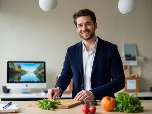 20대 후반의 유럽계 남성이 화이트 셔츠와 네이비 블루 재킷을 입고, 밝게 웃으며 주방의 조리대에서 재료를 손질하는 모습이 반신 촬영으로 담겨 있습니다. 배경에는 컴퓨터와 서류들이 놓인 현대적인 사무실 환경이 있습니다.