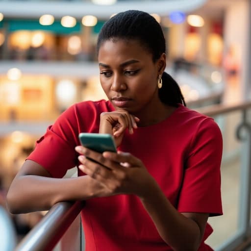 30대 후반의 아프리카계 여성이 세련된 블라우스와 슬랙스를 입고 전화를 들고 있으며, 한 손으로 턱을 괴고 슬픈 표정을 짓고 있습니다. 배경은 화려한 쇼핑몰 내부로, 다양한 상점들과 밝은 조명으로 가득 차 있어 그녀의 불안한 감정과 대조되는 활기찬 분위기를 연출하고 있습니다.