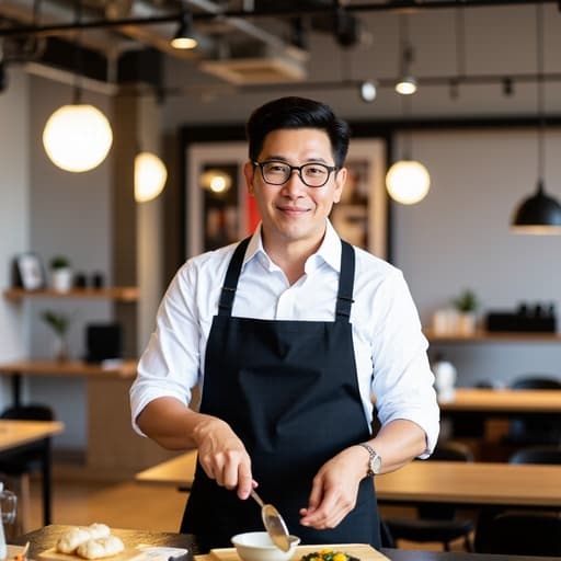 40대 초반의 아시아계 남성이 깔끔한 셔츠와 바지, 조리용 앞치마를 착용하고 주방 도구를 사용하며 요리하고 있는 모습입니다. 현대적인 공유 오피스 환경에서 작업 공간과 요리 공간이 조화를 이루며 우아함과 창의성을 뽐내고 있습니다.