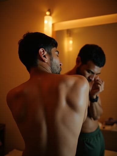 20대 후반의 중동계 남성이 편안한 운동복을 입고 거울 앞에서 자신의 얼굴을 바라보며 화장하는 자세로 절망한 표정을 지으며 스트레칭을 하고 있습니다. 아늑한 마사지샵의 부드러운 조명이 있는 내부에서, 그의 감정적 갈등과 평화로운 분위기가 대조되는 장면입니다.