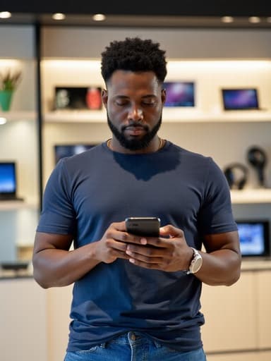 평온한 표정을 지닌 40대 초반의 아프리카계 남성이 캐주얼한 티셔츠와 청바지를 입고, 전자기기가 진열된 전자매장에서 스마트폰을 집중해서 사용하는 모습을 반신 촬영으로 담았습니다. 자연광이 따뜻한 분위기를 만들어내어 그의 여유로운 기분과 주변의 흥미로운 환경을 강조합니다.