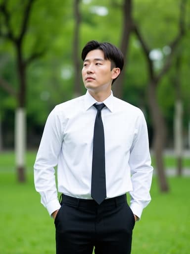 40대 초반의 한국인 남성이 깔끔한 정장과 셔츠, 넥타이를 매고 있는 전체 신체 사진. 그는 차가운 표정으로 주위를 바라보며 손은 주머니에 넣고 서 있으며, 푸른 잔디와 나무들이 있는 평화로운 공원에서 조화로운 분위기를 자아내고 있습니다.