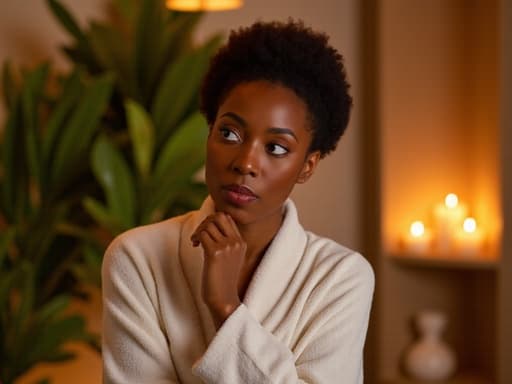 40대 중반의 아프리카계 여성의 반신 사진으로, 편안한 스파용 로브를 입고 있습니다. 그녀는 손을 턱에 대고 서 있는 자세로 놀란 표정을 짓고 있습니다. 배경은 촛불과 식물로 꾸며진 아늑한 스파 내부로, 그녀의 평온한 모습을 더욱 부각시키는 편안한 분위기를 자아냅니다.