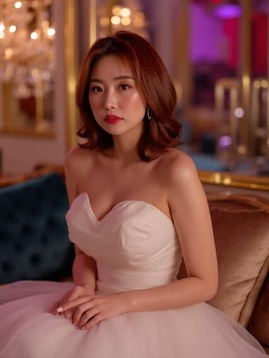 30대 초반의 한국인 여성이 우아한 결혼식 드레스를 입고 부드러운 웨이브의 머리를 스타일링한 채로, 세련된 파티룸의 소파에 앉아 손을 무릎 위에 올리고 살짝 구부정한 자세로 긴장한 표정을 지으며 화려한 장식과 조명 속에서 불안한 감정을 드러내고 있습니다.