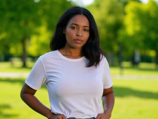 중반 30대의 흑인 여성이 공원에 서 있습니다. 그녀는 캐주얼한 티셔츠와 청바지를 입고 있으며, 약간 짜증난 표정을 짓고 있습니다. 눈썹을 찌푸리고 입술을 굳게 다물고 있으며, 손은 허리에 놓여 있습니다. 배경은 푸르른 나무들로 가득 차 있어 가족과의 시간을 보내는 야외 분위기를 강조합니다.