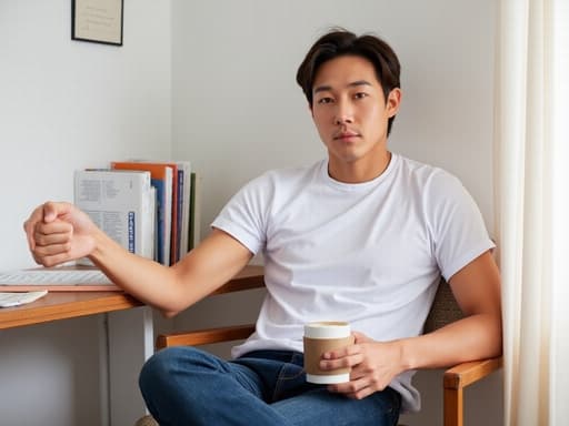 20대 후반의 동양인 남성이 자연스러운 외모로 반신 촬영되었고, 편안한 티셔츠와 청바지를 착용하고 있습니다. 한 손으로 커피 컵을 들고 있으며, 다른 손은 깔끔하게 정리된 책상 위에 놓인 책과 노트 위에 자연스럽게 위치하고 있습니다. 무관심한 표정이 정리된 공부방의 차분하고 집중된 분위기를 강조합니다.