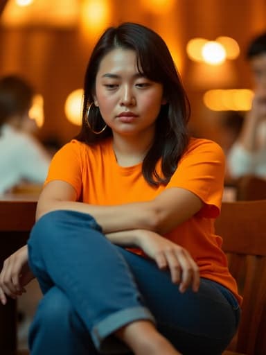 20대 후반 한국인 여성이 아늑한 레스토랑의 테이블에 앉아 있으며, 캐주얼한 청바지와 밝은 색의 티셔츠를 입고 있습니다. 짜증난 표정으로 팔짱을 끼고 다리를 꼬고 의자에 기대고 있습니다. 따뜻한 조명이 아늑한 분위기를 만들어내어 그녀의 편안하면서도 약간 짜증난 모습을 강조합니다.