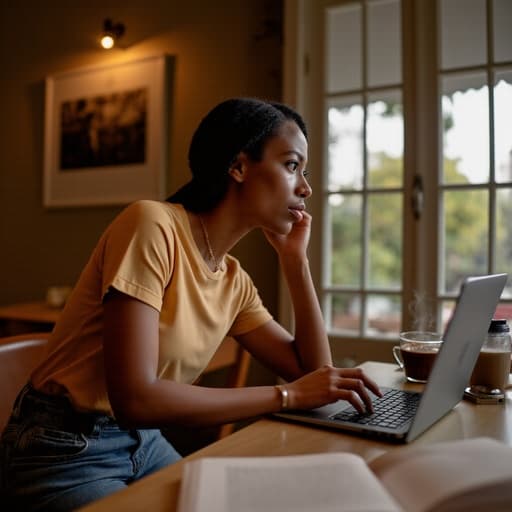 30대 중반의 아프리카계 여성이 아늑한 카페에서 반신 촬영으로 포착되었습니다. 놀란 표정으로 눈을 크게 뜨고 노트북에 타이핑하고 있으며, 캐주얼한 티셔츠와 청바지를 착용하고 있습니다. 그녀는 테이블에 놓인 커피잔과 요리책이 있는 편안한 자리에서 자연광 속에 앉아 있습니다.