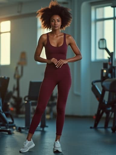 밝은 실내 운동장에서 자신감 있게 서 있는 20대 중반의 흑인 여성의 전신 사진. 편안한 운동복과 운동화를 착용하고 있으며, 두 손은 허리에 얹고 평온한 표정을 지으며 여유로운 감정 상태를 나타내고 있습니다. 배경에는 다양한 운동 기구가 배치되어 있어 운동 테마를 강조하는 에너제틱한 분위기를 만들어냅니다.