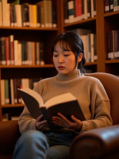 20대 중반의 동양인 여성이 아늑한 공부방에 편안하게 앉아 있는 반신 촬영입니다. 그녀는 편안한 니트 스웨터와 청바지를 입고 있으며, 손에 든 열린 책을 바라보며 평온한 표정을 짓고 있습니다. 배경은 따뜻한 조명과 책장으로 가득 차 있어 조용한 공부와 성찰의 장면을 더욱 돋보이게 하고 있습니다.