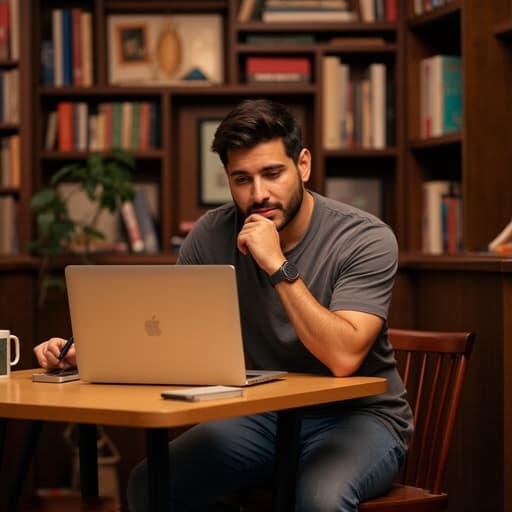 30대 후반의 매력적인 라틴계 남성이 편안한 티셔츠와 청바지를 입고 아늑한 카페 테이블에 앉아 손으로 턱을 받치고 노트북을 바라보며 미소 짓고 있는 반신 샷. 배경은 책장과 부드러운 조명이 있는 아늑한 카페로, 공부와 작업에 적합한 따뜻하고 매력적인 분위기를 연출합니다.