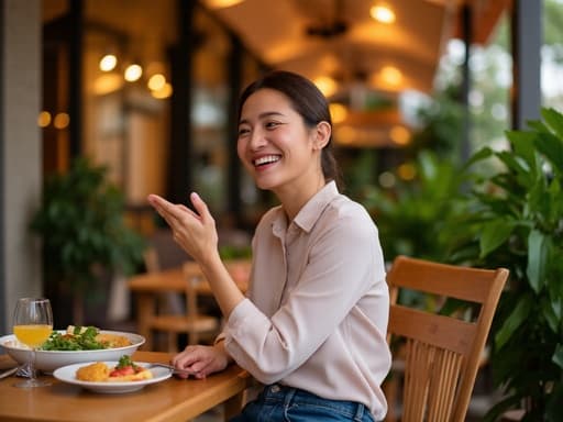 아늑한 카페에서 식사를 즐기고 있는 30대 중반 아시아계 여성의 반신 사진으로, 캐주얼한 블라우스와 청바지를 입고 행복하고 여유로운 표정을 지으며 따뜻하고 매력적인 분위기 속에 있습니다.