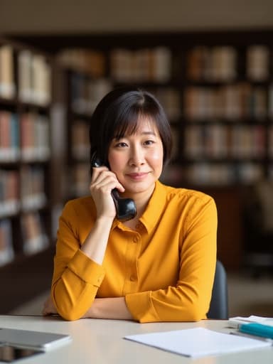 조용한 도서관의 책장 사이에 위치한 테이블에 앉아 있는 50대 초반 아시아계 여성의 반신 사진. 그녀는 화사한 블라우스와 단정한 바지를 입고 편안한 비즈니스 캐주얼 의상을 착용하고 있습니다. 불만스러운 표정을 지으며 전화기를 귀에 대고 팔짱을 끼고 있는 모습입니다. 이 장면은 전문적인 환경에서의 긴장감을 잘 담고 있습니다.