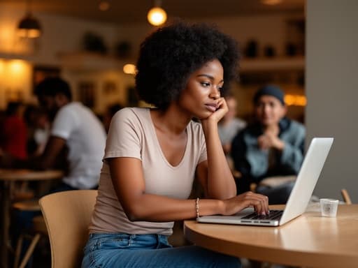 40대 초반의 아프리카계 여성이 자연스러운 외모로 아늑한 카페에 앉아 있는 반신 사진입니다. 편안한 티셔츠와 청바지를 입고, 절망적인 표정으로 노트북 화면을 바라보며 손을 턱에 괴고 있습니다. 배경은 다른 손님들이 있는 카페의 따뜻한 분위기를 담고 있어 분주하면서도 친밀한 느낌을 줍니다.