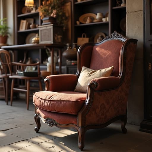빈티지 앤티크 숍에 놓인 라운지 체어, 아늑한 분위기를 자아냅니다.