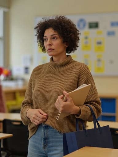 40대 중반의 혼혈 여성이 자연스러운 외모를 지닌 모습의 반신 사진. 편안한 니트 스웨터와 청바지를 입고, 한 손에는 책을, 다른 손에는 쇼핑백을 쥐고 눈물을 흘리며 슬퍼하는 표정을 짓고 있다. 교실의 배경은 책상과 교육 자료로 가득 차 있어 이미지의 감정적인 분위기를 더욱 강조한다.