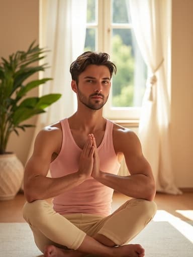 20대 후반의 건강한 유럽계 남성이 부드러운 파스텔톤의 편안한 요가복을 착용하고 요가 매트 위에서 요가 자세를 취하고 있는 반신 사진입니다. 그는 우아하고 자신감 넘치는 표정을 짓고 있으며, 배경은 자연광이 들어오는 아늑한 요가 스튜디오로, 그의 우아한 자세와 표정을 강조하는 편안한 분위기를 만들어냅니다.