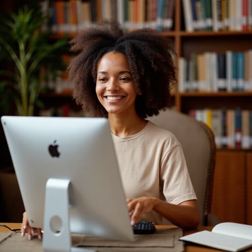 50대 초반의 혼혈 여성이 조용한 도서관에서 컴퓨터를 사용하며 따뜻한 미소를 짓고 있습니다. 편안한 티셔츠와 청바지를 입고, 화면에 집중하며 편안하고 친근한 분위기를 자아내고 있습니다.