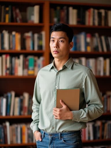 30대 후반의 동양인 남성이 편안한 셔츠와 청바지를 입고 도서관에서 책을 들고 놀란 표정을 지으며 서 있는 반신 촬영. 책으로 가득한 도서관의 아늑한 분위기 속에서 긴장감이 느껴지는 모습입니다.