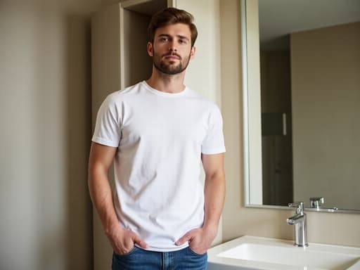 20대 후반의 유럽계 남성이 세련된 화장실에서 현대적인 디자인의 흰색 티셔츠와 청바지를 입고 서 있습니다. 그는 자연스러운 외모와 지루한 표정을 짓고 있으며, 손을 주머니에 넣고 편안한 자세를 취하고 있어 느긋하면서도 무기력한 분위기를 자아내고 있습니다.