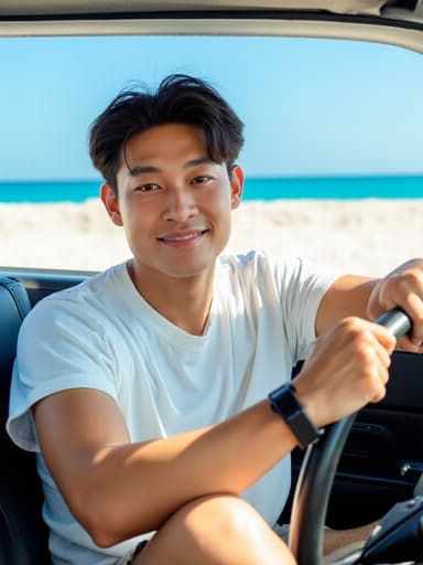 20대 중반의 동양인 남성이 편안한 티셔츠와 반바지를 입고 자연스럽게 미소 지으며 운전대를 잡고 있는 모습, 배경에는 푸른 바다와 하얀 모래사장이 펼쳐져 있어 편안하고 즐거운 분위기를 전달합니다.