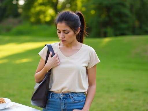 이 이미지는 중동계 20대 중반 여성이 편안한 티셔츠와 청바지를 입고 공원에 있는 야외 테이블에 서 있는 모습을 담고 있습니다. 그녀는 요리를 바라보며 실망한 표정을 짓고 있으며, 눈빛에서 약간의 슬픔이 느껴집니다. 어깨에 가방을 메고 손은 주머니에 넣고 있으며, 주변은 나무와 풀이 어우러진 평화로운 자연적인 환경입니다.