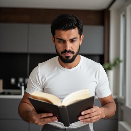 30대 중반의 중동계 남성이 자연스러운 외모로 캐주얼한 티셔츠와 청바지를 착용하고 있는 반신 사진입니다. 그는 두 손으로 책을 들고 불만스러운 표정으로 바라보며 세련된 현대 주방에 앉아 있습니다. 분위기는 깊은 생각과 약간의 불만을 반영하며, 세련된 주방 디자인과 대조를 이루고 있습니다.