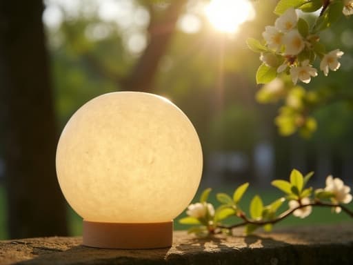 부드러운 분위기 조명 램프가 봄의 신록 배경에서 신선한 나뭇잎과 점점이 드리운 햇빛 속에서 고요하고 평화로운 분위기를 연출하고 있습니다.