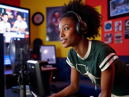 20대 초반의 흑인 여성이 편안한 티셔츠와 트레이닝 팬츠를 입고 웹캠과 상호작용하며 비디오 통화 중인 모습이 반신 샷으로 담겨 있습니다. 그녀를 둘러싼 아늑한 게임방은 다양한 게임 기기와 다채로운 포스터로 꾸며져 있어 따뜻하고 편안한 분위기를 자아냅니다.