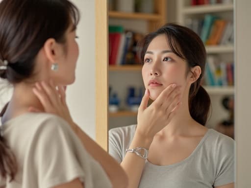 20대 초반의 동양인 여성이 자연스러운 외모로 아늑한 공부방 거울 앞에 서 있는 반신 사진입니다. 편안한 티셔츠와 청바지를 입고, 편안한 표정으로 부드럽게 얼굴을 만지며 화장에 집중하고 있습니다. 배경에는 가지런히 놓인 책과 예술 용품들이 있어 아늑한 분위기를 더해줍니다.