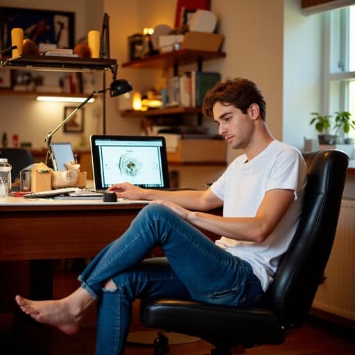 20대 후반의 백인 남성이 캐주얼한 흰색 티셔츠와 청바지를 입고 아늑한 집 사무실에 앉아 있는 반신 사진입니다. 그는 무표정으로 다리를 뻗고 책상 위의 노트북과 다양한 디자인 도구를 사용하여 디자인 작업에 집중하고 있습니다. 따뜻하고 초대하는 분위기에서 그의 창의적인 환경이 돋보입니다.