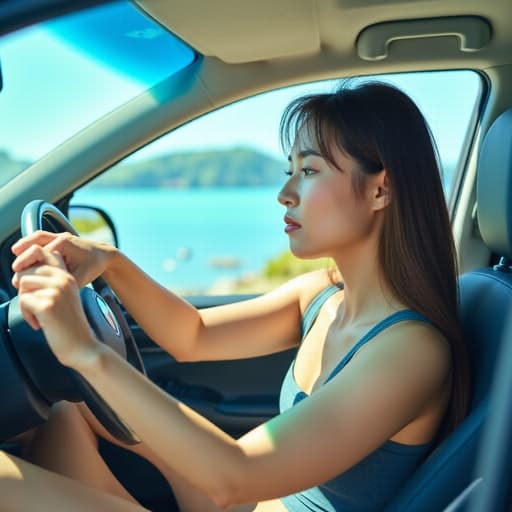 편안한 운동복을 입은 20대 초반의 동양인 여성이 평온한 표정을 지으며 운전 중 핸들을 부드럽게 감싸고 있습니다. 배경에는 푸른 바다와 하늘이 어우러진 아름다운 해변이 펼쳐져 있어 고요하고 여유로운 분위기를 강조합니다.