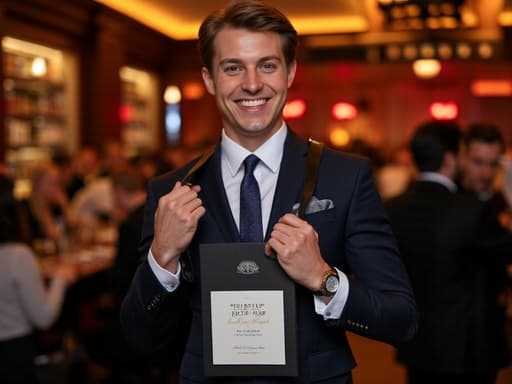 30대 초반의 유럽계 남성이 세련된 정장과 넥타이를 입고, 행복한 표정을 지으며 결혼식 초대장이 담긴 가방을 메고 있는 반신 사진. 배경은 아늑한 조명과 활기찬 분위기를 가진 세련된 바입니다.