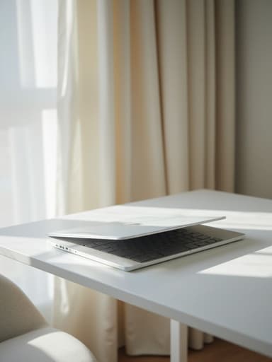 미니멀리스트 스튜디오 책상 위의 초슬림 노트북, 현대적이고 평화롭고 미니멀한