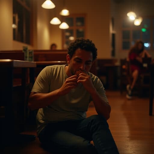 40대 중반의 혼혈 남성이 편안한 티셔츠와 청바지를 입고 식당 바닥에 앉아 있습니다. 그는 눈물을 흘리며 슬픈 표정을 짓고 있으며, 한 손에 간식을 들고 다른 손으로 얼굴을 감싸고 있습니다. 따뜻한 조명이 비추는 테이블과 의자 주변에는 다른 손님들이 있어, 생동감 있는 분위기와 대조를 이루고 있습니다.