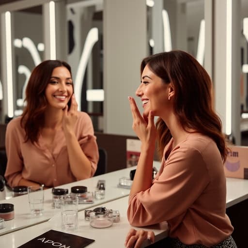 40대 중반의 혼혈 여성 모델이 자연스러운 외모를 가짐과 동시에 세련된 블라우스와 패턴 스커트를 착용하고, 여러 개의 거울이 어우러진 모던한 미러룸에서 행복한 미소를 지으며 화장품을 사용하고 있는 모습입니다. 전체적으로 따뜻하고 기분 좋은 분위기를 연출합니다.