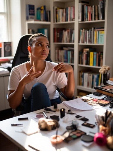 스터디룸에 앉아 있는 10대 후반의 흑인 여성 모델의 반신 사진입니다. 그녀는 캐주얼한 티셔츠와 청바지를 입고 있으며, 거울을 바라보며 화가 난 표정을 짓고 있습니다. 손에는 화장품을 들고 화장을 하려고 하고 있습니다. 배경에는 책장이 있고, 책과 노트가 흩어져 있으며, 창문을 통해 자연광이 들어와 밝은 분위기를 연출하고 있습니다.