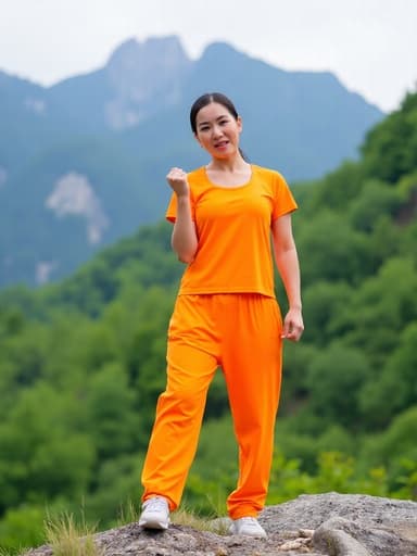 중반의 30대 한국인 여성이 자연스러운 외모로 강한 인상을 주는 전체 샷입니다. 그녀는 편안한 운동복을 입고 있으며, 밝은 색상의 상의와 바지, 그리고 캐주얼한 운동화를 착용하고 있습니다. 그녀의 표정은 강한 의지와 분노를 드러내고 있습니다. 주먹을 쥐고 서 있는 자세에서 힘과 결단력을 발산하고 있습니다. 배경은 푸른 나무와 험준한 산이 어우러진 멋진 산의 경치로, 그녀의 강렬한 자세를 더욱 돋보이게 합니다. 전체적인 분위기는 힘과 회복력을 강조하며 아름다운 자연 배경 속에서 힘의 순간을 포착하고 있습니다.