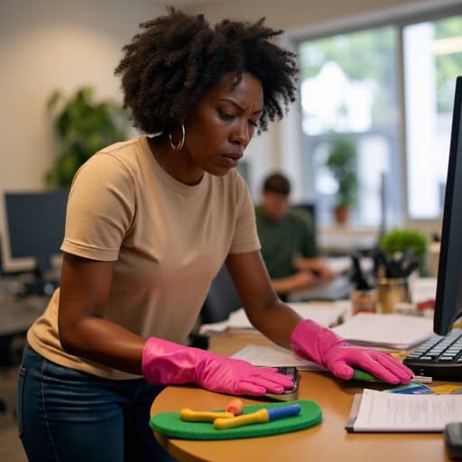 중반 40대의 아프리카계 여성이 혼잡한 사무실 환경에서 편안한 티셔츠와 청바지를 입고 청소 도구를 들고 있는 모습이 담겨 있습니다. 그녀는 분노한 표정을 지으며 컴퓨터 주변을 청소하고 있으며, 배경에는 서류와 사무 용품이 가득한 어수선한 책상이 배치되어 있어 그녀가 해결하려는 혼란을 잘 보여줍니다.