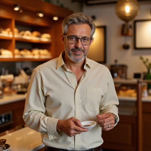 이미지에는 캐주얼한 복장을 한 중년의 중동계 남성이 따뜻한 분위기의 베이커리에서 커피 컵을 즐거운 표정으로 들고 있는 모습이 담겨 있으며, 다양한 빵과 디저트가 진열되어 있어 따뜻함과 기대감을 자아냅니다.