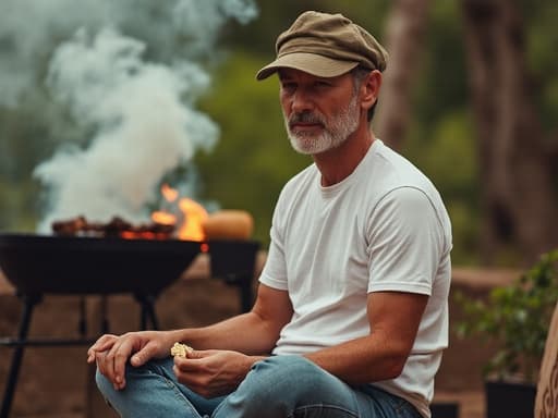 이미지에는 40대 초반의 백인 남성이 편안한 바베큐 환경에서 간식을 먹으면서 크로스 레그로 앉아 있는 모습이 담겨 있습니다. 캐주얼한 티셔츠와 청바지를 입고 약간 의기소침한 표정을 지으며, 뒤에는 연기가 나는 그릴이 있어 아늑한 야외 분위기를 더합니다.